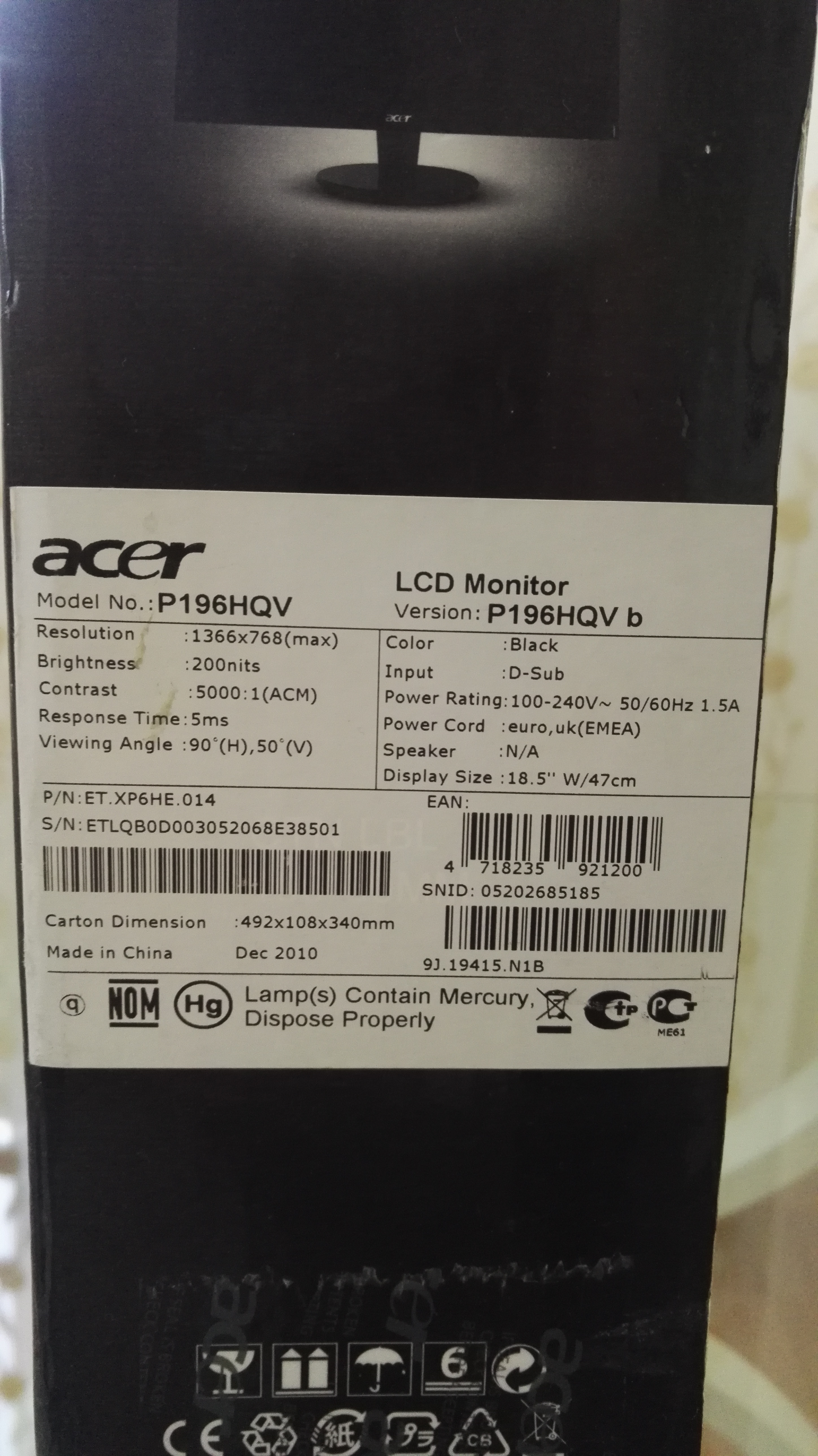 Acer P196HQV 18.5' 5ms 60Hz (1366x768) Geniş Ekran VGA LCD Monitör |  DonanımHaber Forum